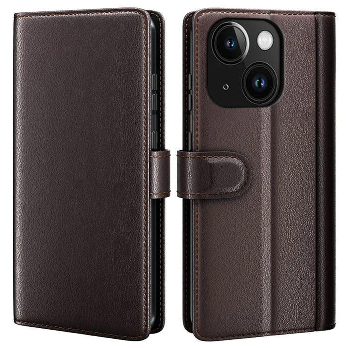 AMORUS For iPhone 14 Stand Cases Calf Texture Genuine Split Leather Wallet Phone Cover - Brown - 1