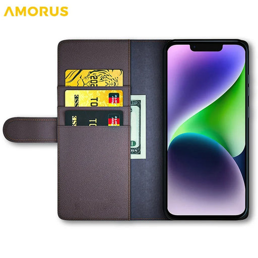 AMORUS For iPhone 14 Stand Cases Calf Texture Genuine Split Leather Wallet Phone Cover - Brown - 2