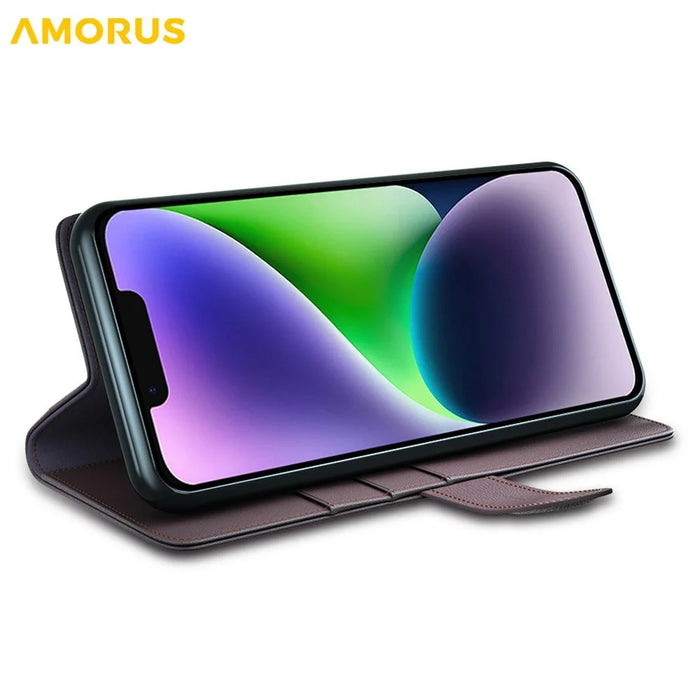 AMORUS For iPhone 14 Stand Cases Calf Texture Genuine Split Leather Wallet Phone Cover - Brown - 3