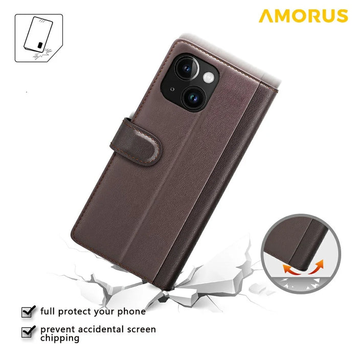 AMORUS For iPhone 14 Stand Cases Calf Texture Genuine Split Leather Wallet Phone Cover - Brown - 4