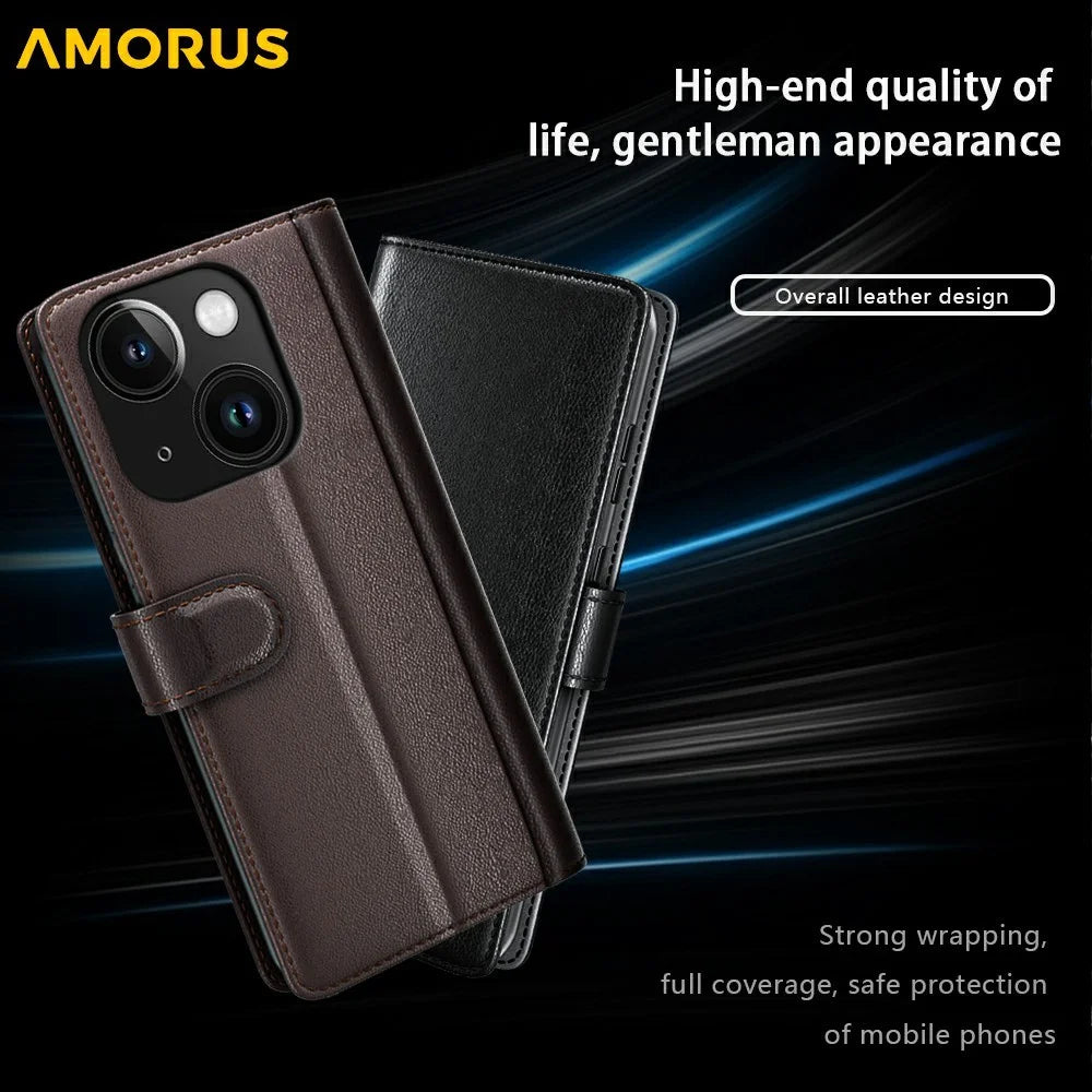AMORUS For iPhone 14 Stand Cases Calf Texture Genuine Split Leather Wallet Phone Cover - Brown - 6