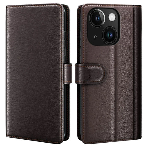 AMORUS For iPhone 13 Stand Cases Calf Texture Genuine Split Leather Wallet Phone Cover - Brown - 1