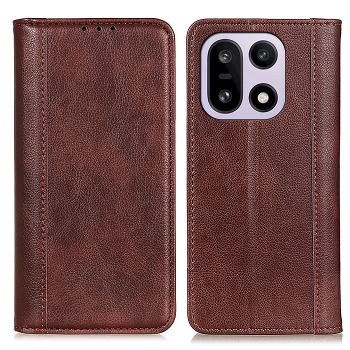 For OnePlus 15 5G Stand Case Split Leather Litchi Texture Wallet Phone Cover - Brown - 1
