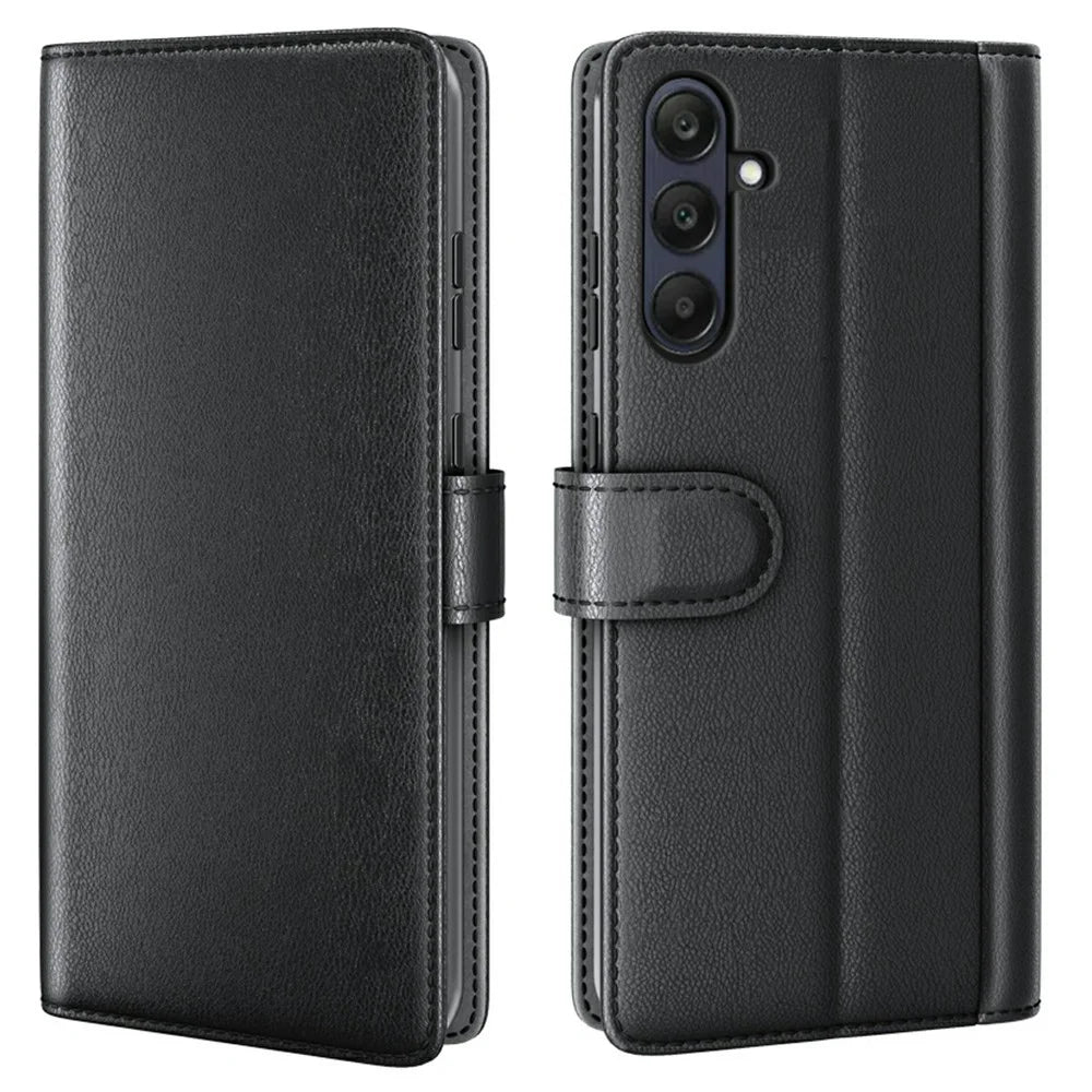 AMORUS For Samsung Galaxy S25 FE Stand Cases Calf Texture Genuine Split Leather Wallet Phone Cover - Black - 1