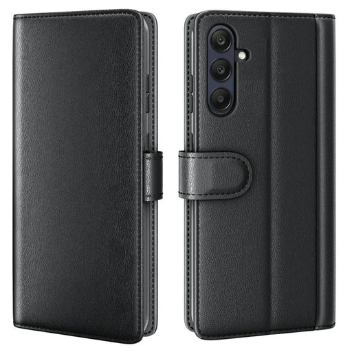 AMORUS For Samsung Galaxy S25 FE Stand Cases Calf Texture Genuine Split Leather Wallet Phone Cover - Black - 1
