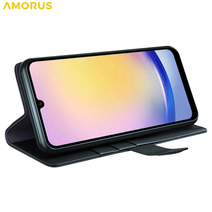 AMORUS For Samsung Galaxy S25 FE Stand Cases Calf Texture Genuine Split Leather Wallet Phone Cover - Black - 3