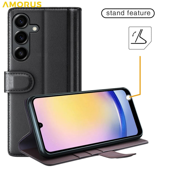 AMORUS For Samsung Galaxy S25 FE Stand Cases Calf Texture Genuine Split Leather Wallet Phone Cover - Black - 4