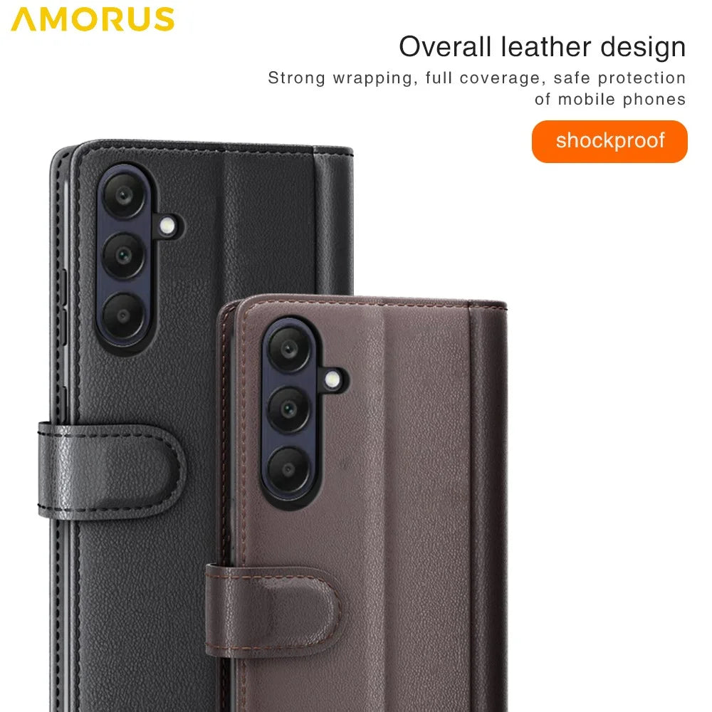 AMORUS For Samsung Galaxy S25 FE Stand Cases Calf Texture Genuine Split Leather Wallet Phone Cover - Black - 6