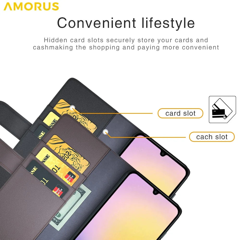 AMORUS For Samsung Galaxy S25 FE Stand Cases Calf Texture Genuine Split Leather Wallet Phone Cover - Black - 7