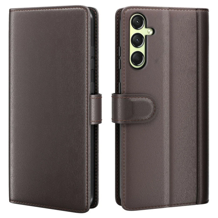 AMORUS For Samsung Galaxy A16 5G / 4G Stand Cases Calf Texture Genuine Split Leather Wallet Phone Cover - Brown - 1