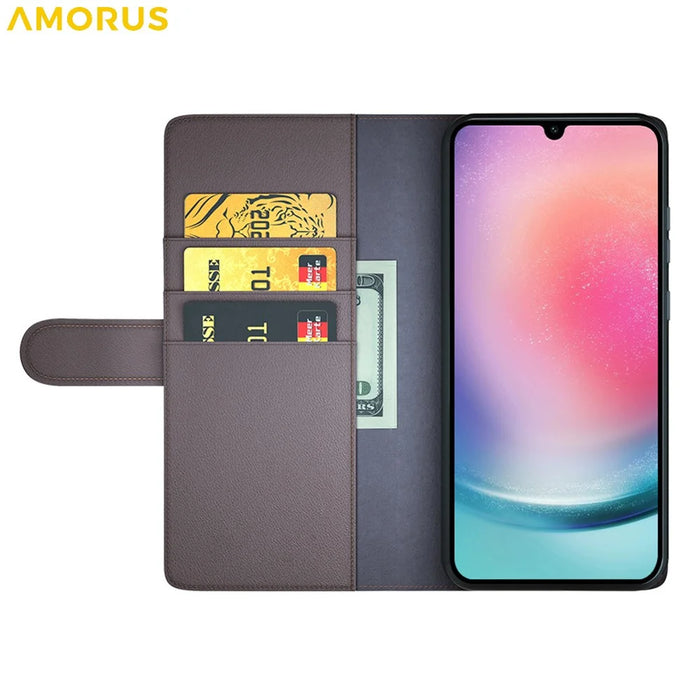 AMORUS For Samsung Galaxy A16 5G / 4G Stand Cases Calf Texture Genuine Split Leather Wallet Phone Cover - Brown - 2