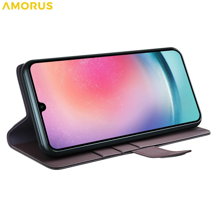AMORUS For Samsung Galaxy A16 5G / 4G Stand Cases Calf Texture Genuine Split Leather Wallet Phone Cover - Brown - 3