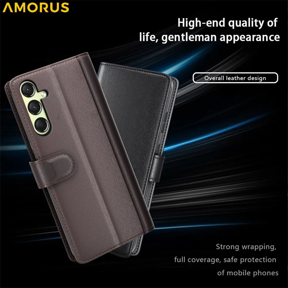 AMORUS For Samsung Galaxy A16 5G / 4G Stand Cases Calf Texture Genuine Split Leather Wallet Phone Cover - Brown - 6