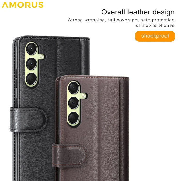 AMORUS For Samsung Galaxy A16 5G / 4G Stand Cases Calf Texture Genuine Split Leather Wallet Phone Cover - Brown - 7
