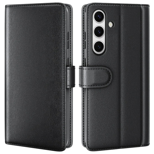 AMORUS For Samsung Galaxy S24 FE Stand Cases Calf Texture Genuine Split Leather Wallet Phone Cover - Black - 1