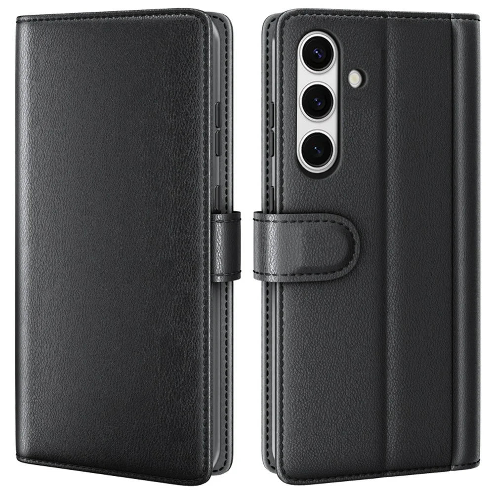 AMORUS For Samsung Galaxy S24 FE Stand Cases Calf Texture Genuine Split Leather Wallet Phone Cover - Black - 1