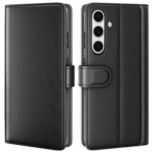 AMORUS For Samsung Galaxy S24 FE Stand Cases Calf Texture Genuine Split Leather Wallet Phone Cover - Black - 1