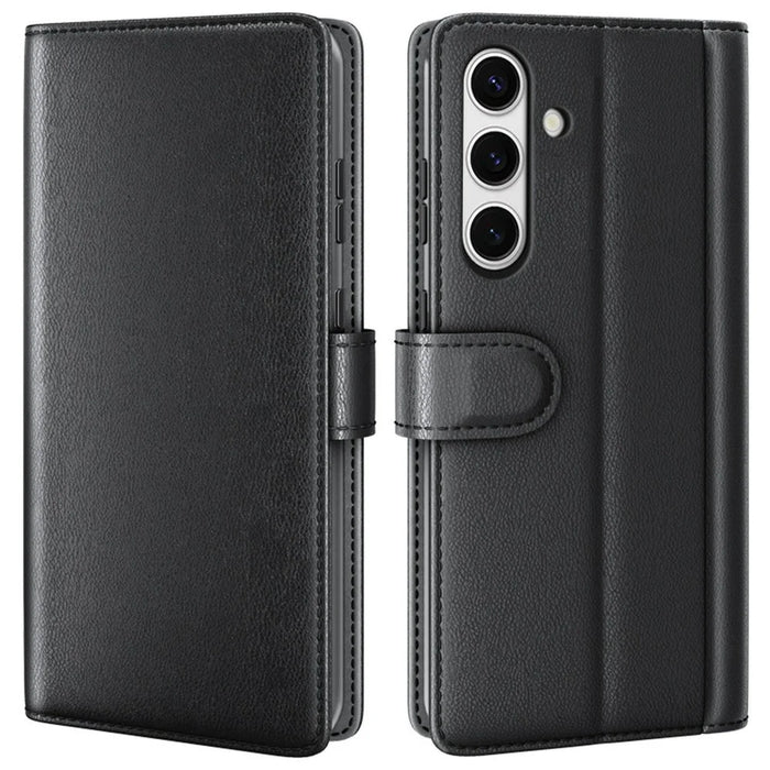 AMORUS For Samsung Galaxy S24 FE Stand Cases Calf Texture Genuine Split Leather Wallet Phone Cover - Black - 1