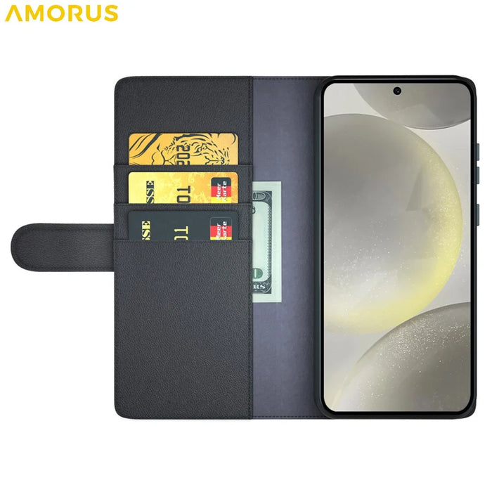 AMORUS For Samsung Galaxy S24 FE Stand Cases Calf Texture Genuine Split Leather Wallet Phone Cover - Black - 2