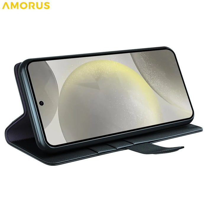 AMORUS For Samsung Galaxy S24 FE Stand Cases Calf Texture Genuine Split Leather Wallet Phone Cover - Black - 3