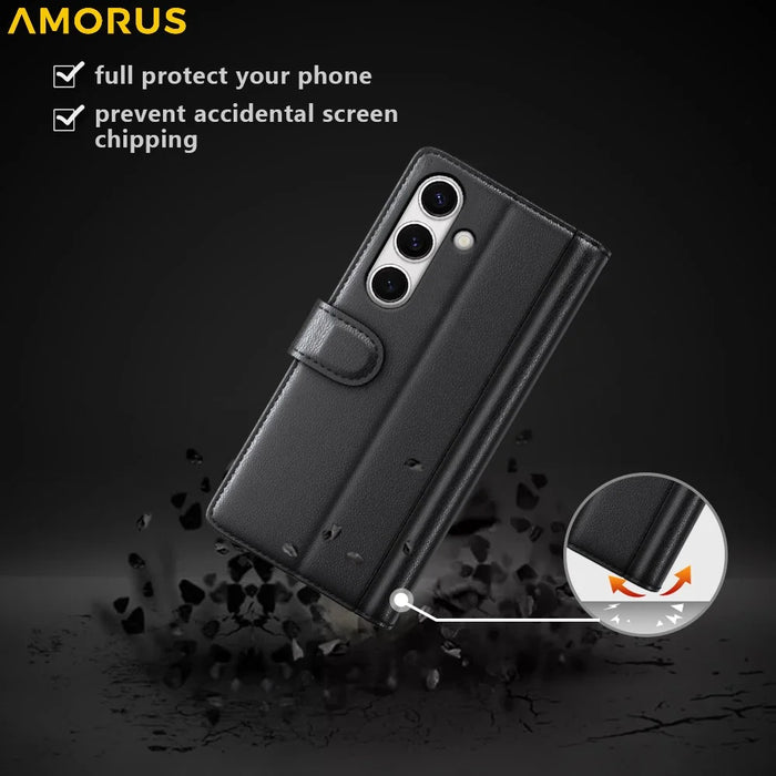AMORUS For Samsung Galaxy S24 FE Stand Cases Calf Texture Genuine Split Leather Wallet Phone Cover - Black - 4