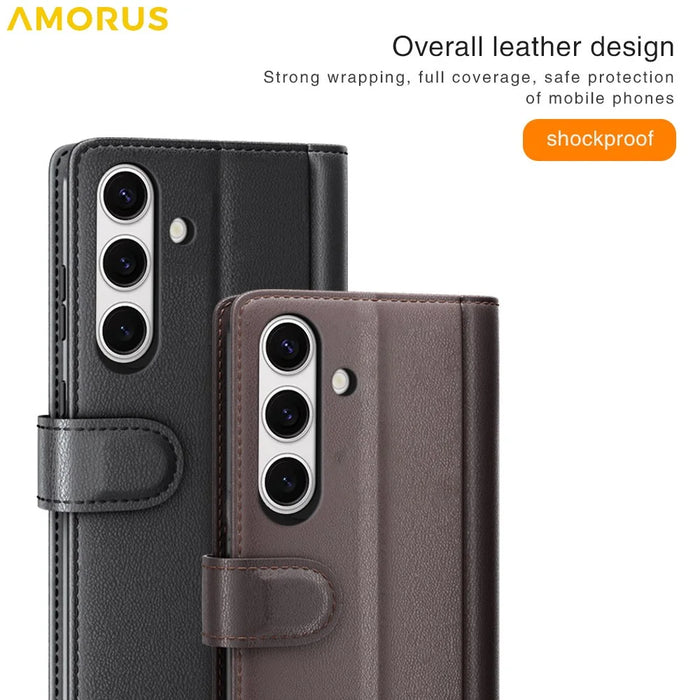 AMORUS For Samsung Galaxy S24 FE Stand Cases Calf Texture Genuine Split Leather Wallet Phone Cover - Black - 6