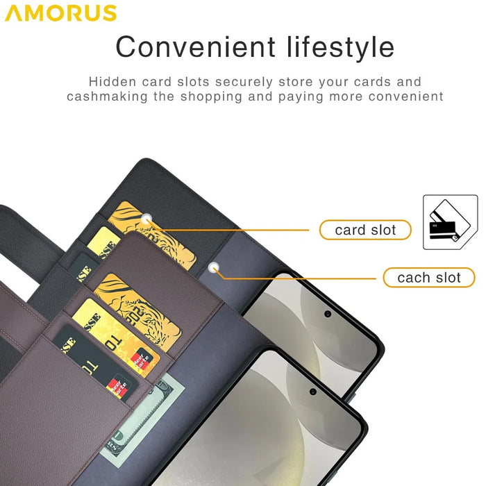 AMORUS For Samsung Galaxy S24 FE Stand Cases Calf Texture Genuine Split Leather Wallet Phone Cover - Black - 7