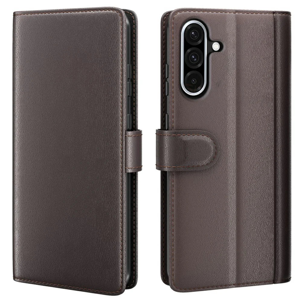 AMORUS For Samsung Galaxy A36 5G / A56 5G Stand Cases Calf Texture Genuine Split Leather Wallet Phone Cover - Brown - 1