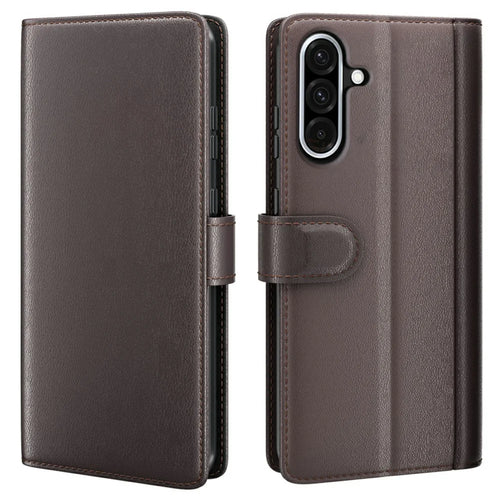 AMORUS For Samsung Galaxy A36 5G / A56 5G Stand Cases Calf Texture Genuine Split Leather Wallet Phone Cover - Brown - 1