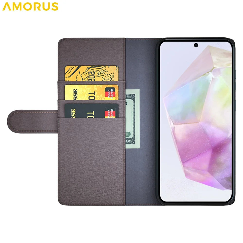 AMORUS For Samsung Galaxy A36 5G / A56 5G Stand Cases Calf Texture Genuine Split Leather Wallet Phone Cover - Brown - 2
