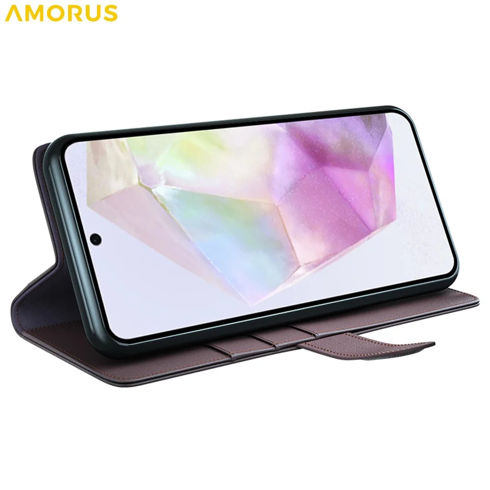 AMORUS For Samsung Galaxy A36 5G / A56 5G Stand Cases Calf Texture Genuine Split Leather Wallet Phone Cover - Brown - 3
