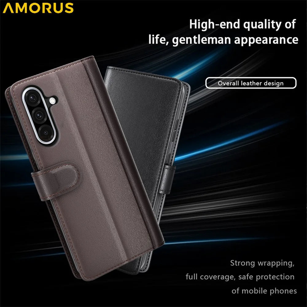 AMORUS For Samsung Galaxy A36 5G / A56 5G Stand Cases Calf Texture Genuine Split Leather Wallet Phone Cover - Brown - 5