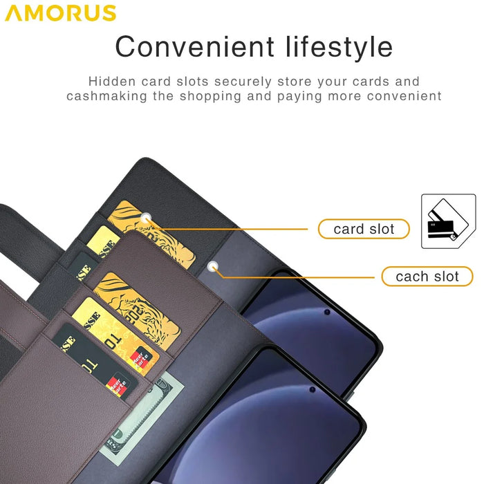 AMORUS For Samsung Galaxy S25+ Stand Cases Calf Texture Genuine Split Leather Wallet Phone Cover - Black - 7