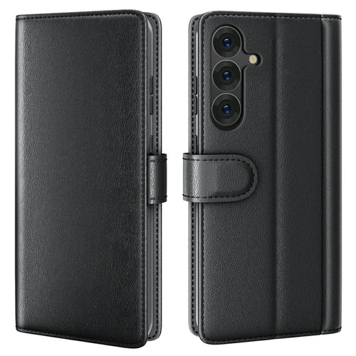 AMORUS For Samsung Galaxy A26 5G Stand Cases Calf Texture Genuine Split Leather Wallet Phone Cover - Black - 1