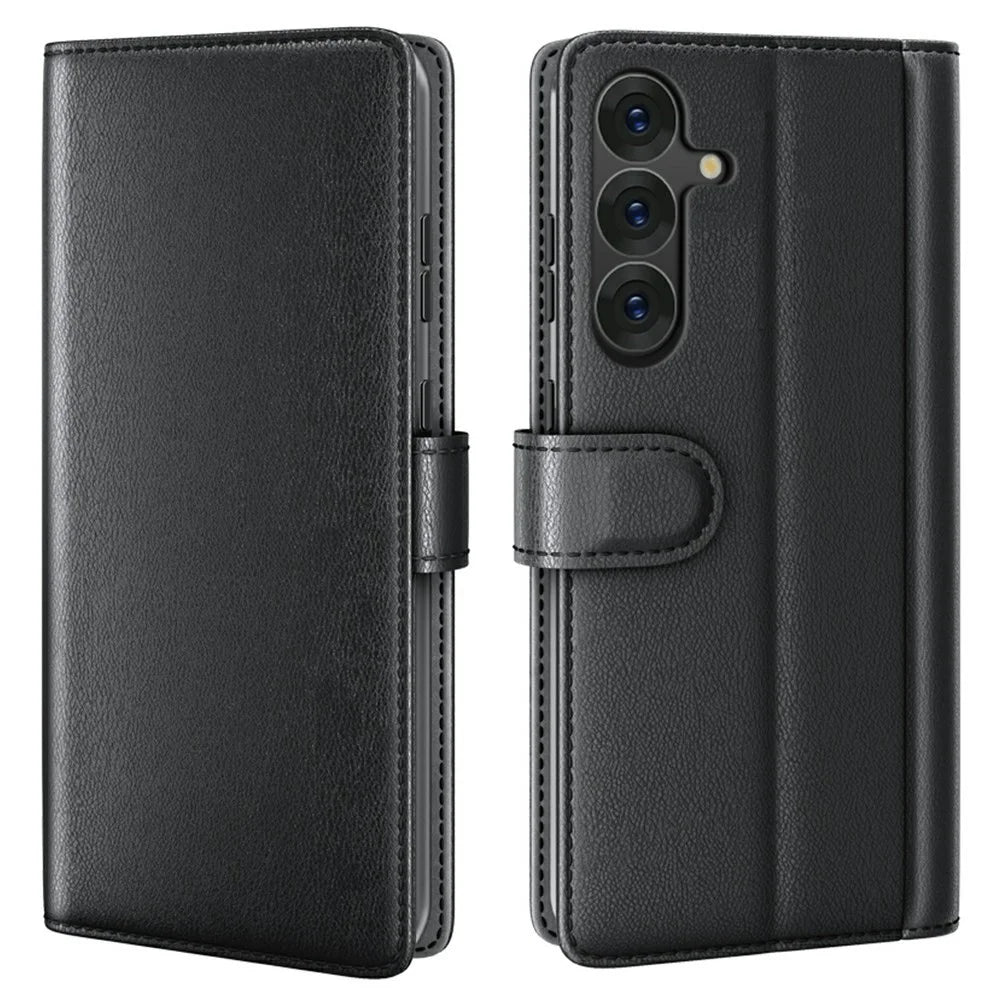 AMORUS For Samsung Galaxy A26 5G Stand Cases Calf Texture Genuine Split Leather Wallet Phone Cover - Black - 1