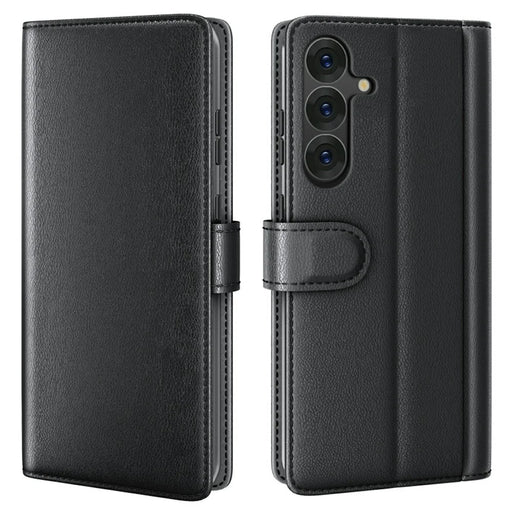 AMORUS For Samsung Galaxy A26 5G Stand Cases Calf Texture Genuine Split Leather Wallet Phone Cover - Black - 1