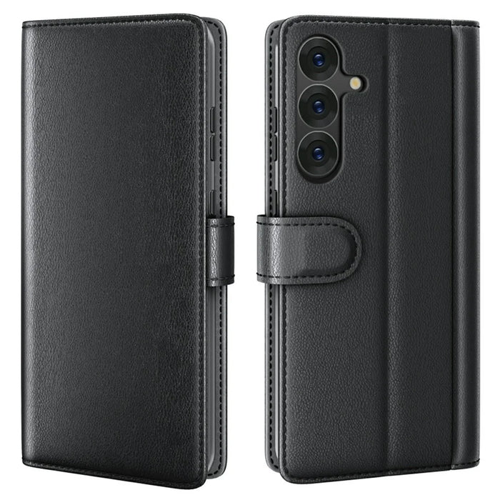 AMORUS For Samsung Galaxy A26 5G Stand Cases Calf Texture Genuine Split Leather Wallet Phone Cover - Black - 1