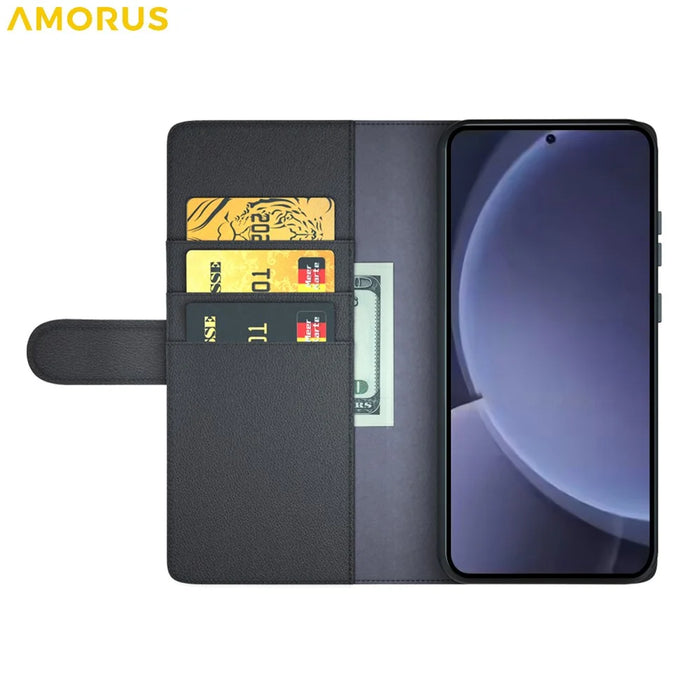 AMORUS For Samsung Galaxy A26 5G Stand Cases Calf Texture Genuine Split Leather Wallet Phone Cover - Black - 2