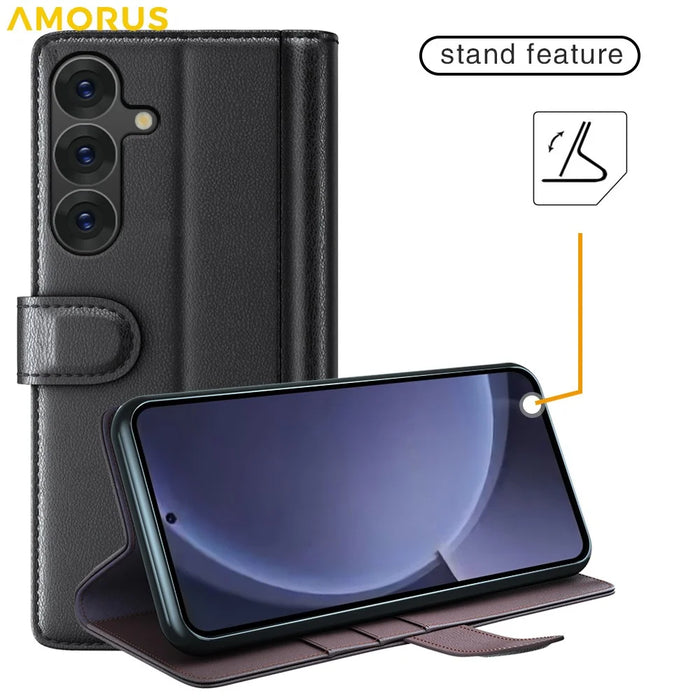 AMORUS For Samsung Galaxy A26 5G Stand Cases Calf Texture Genuine Split Leather Wallet Phone Cover - Black - 6