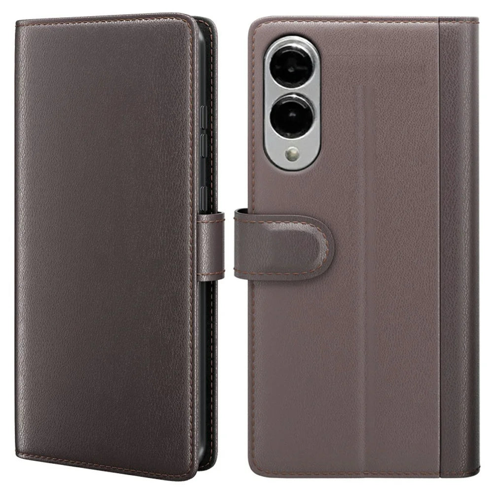 AMORUS For Samsung Galaxy S25 Edge Stand Cases Calf Texture Genuine Split Leather Wallet Phone Cover - Brown - 1