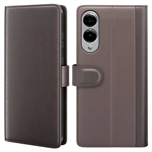 AMORUS For Samsung Galaxy S25 Edge Stand Cases Calf Texture Genuine Split Leather Wallet Phone Cover - Brown - 1