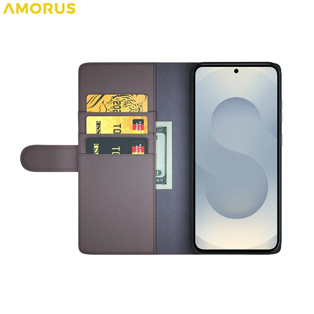 AMORUS For Samsung Galaxy S25 Edge Stand Cases Calf Texture Genuine Split Leather Wallet Phone Cover - Brown - 2