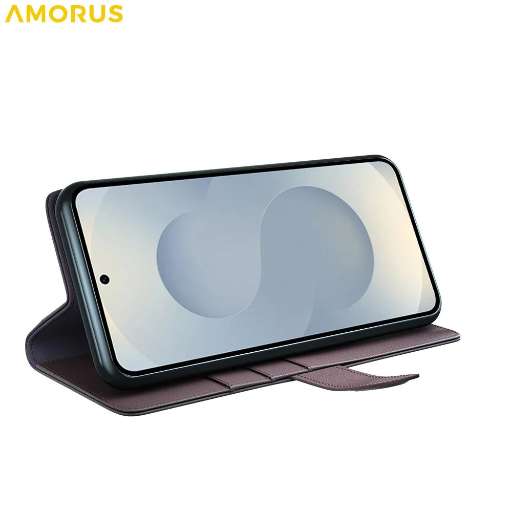 AMORUS For Samsung Galaxy S25 Edge Stand Cases Calf Texture Genuine Split Leather Wallet Phone Cover - Brown - 3