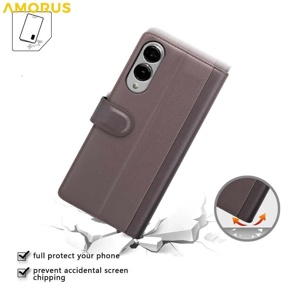AMORUS For Samsung Galaxy S25 Edge Stand Cases Calf Texture Genuine Split Leather Wallet Phone Cover - Brown - 5