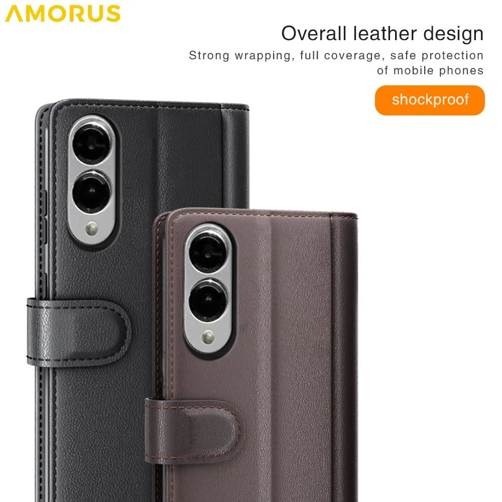 AMORUS For Samsung Galaxy S25 Edge Stand Cases Calf Texture Genuine Split Leather Wallet Phone Cover - Brown - 6