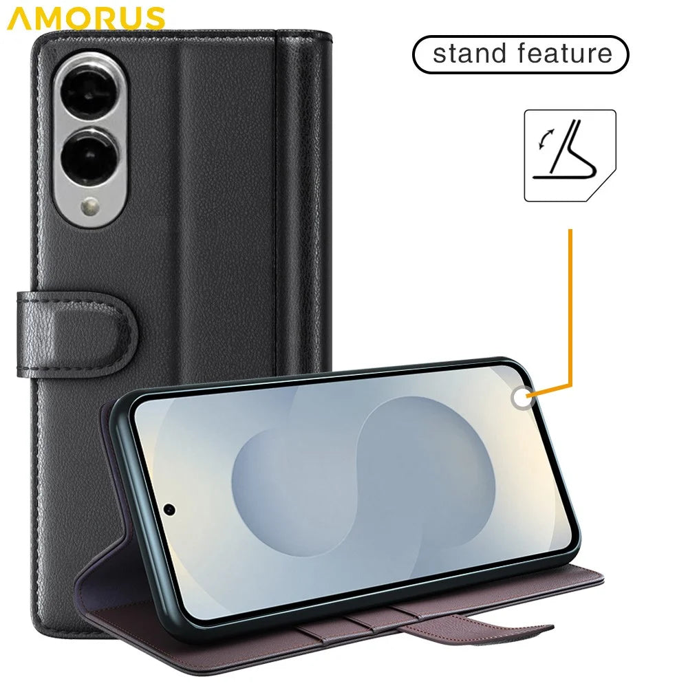 AMORUS For Samsung Galaxy S25 Edge Stand Cases Calf Texture Genuine Split Leather Wallet Phone Cover - Brown - 7