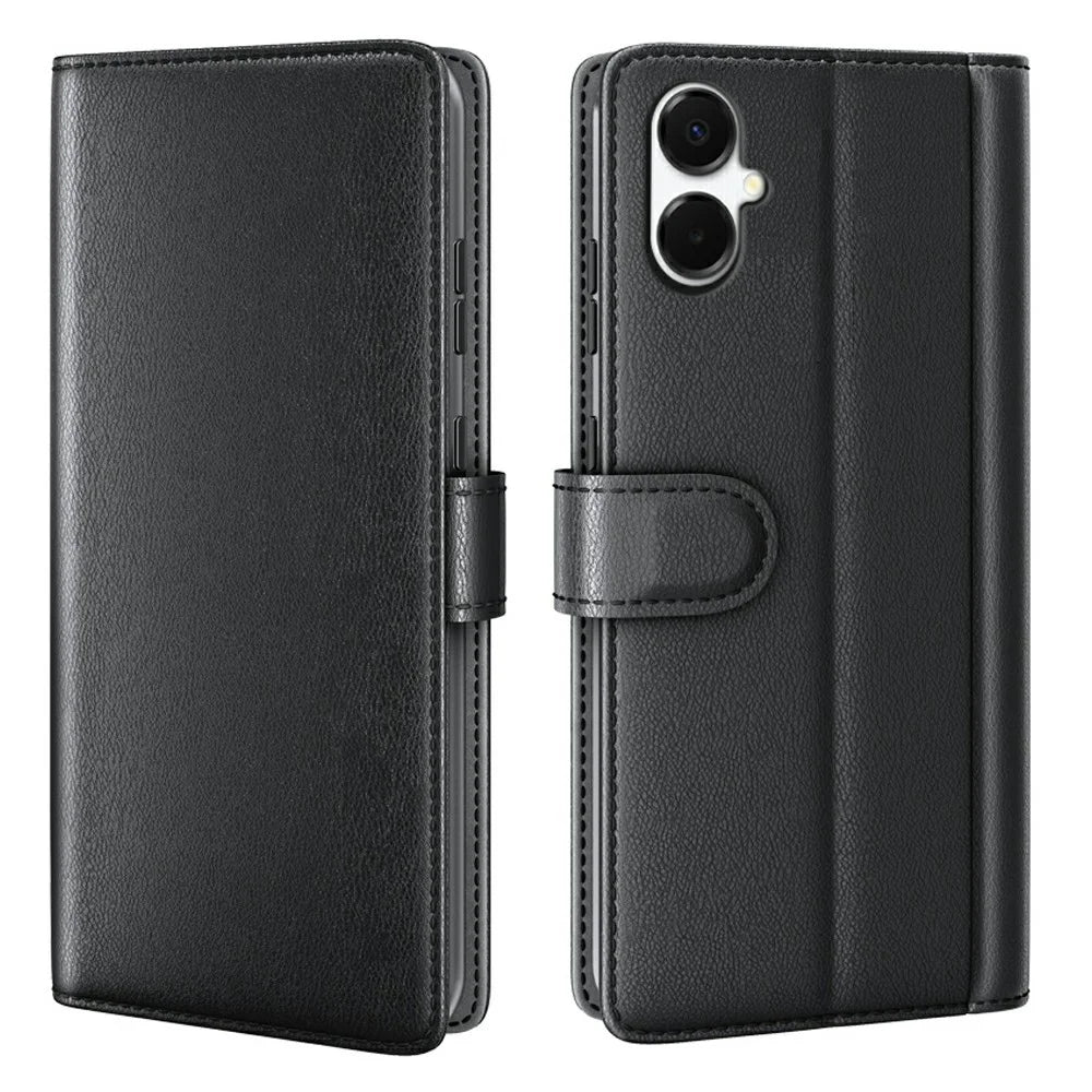 AMORUS For Samsung Galaxy A06 4G / 5G Stand Cases Calf Texture Genuine Split Leather Wallet Phone Cover - Black - 1