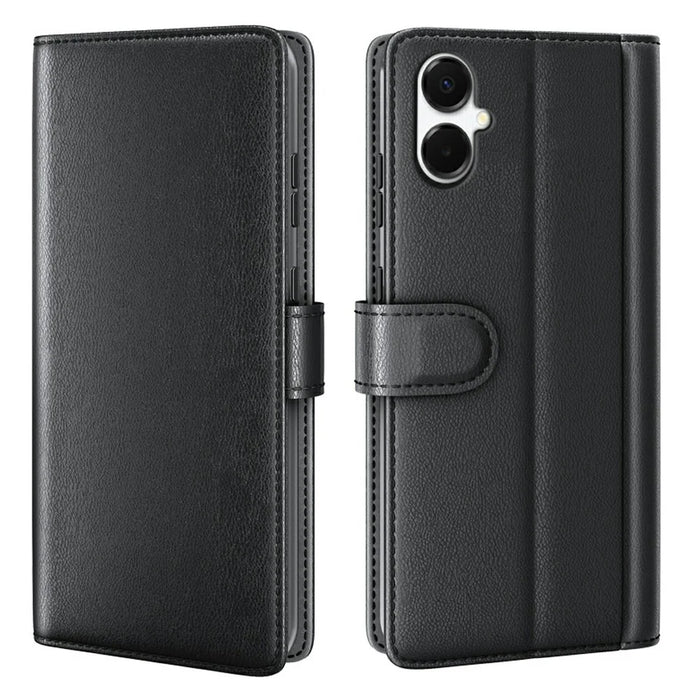 AMORUS For Samsung Galaxy A06 4G / 5G Stand Cases Calf Texture Genuine Split Leather Wallet Phone Cover - Black - 1