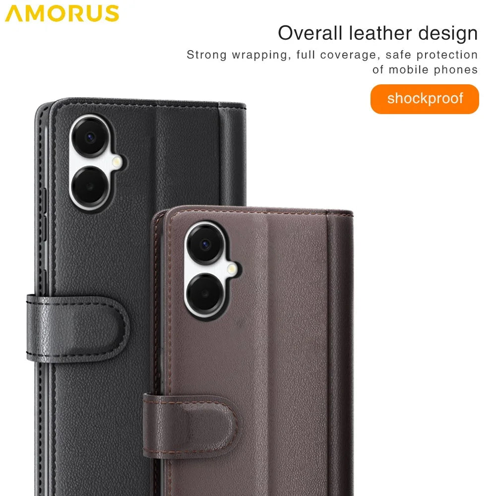 AMORUS For Samsung Galaxy A06 4G / 5G Stand Cases Calf Texture Genuine Split Leather Wallet Phone Cover - Black - 5