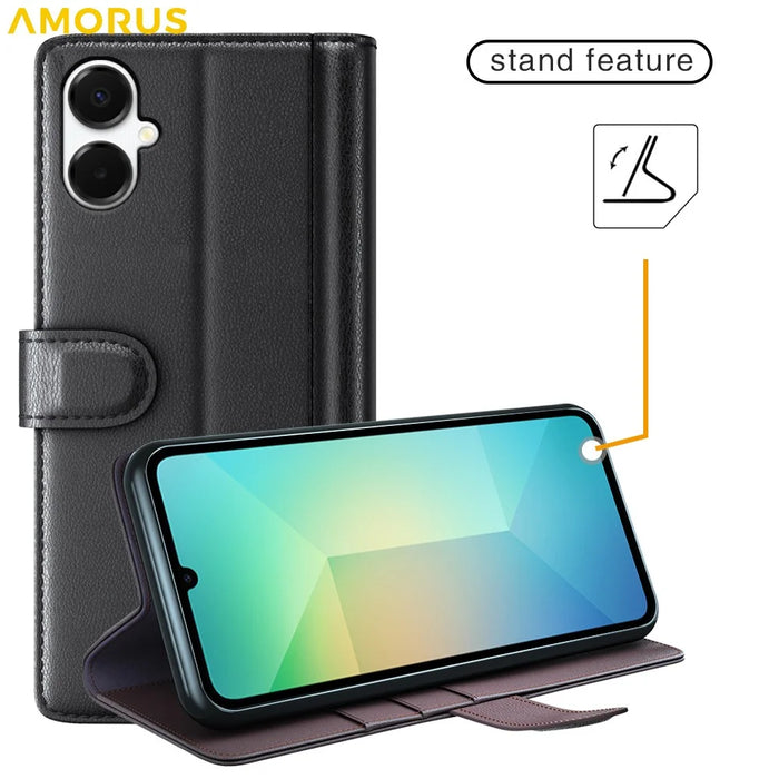 AMORUS For Samsung Galaxy A06 4G / 5G Stand Cases Calf Texture Genuine Split Leather Wallet Phone Cover - Black - 6